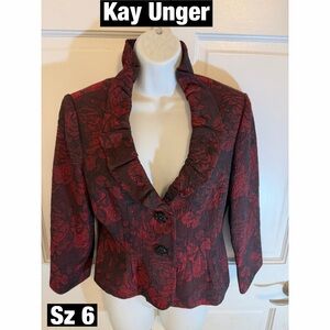 Kay Unger Women's Burgundy V Neck Ruffled Blazer sz 6